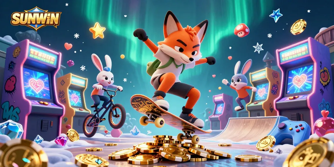SUNWIN elevates gaming excitement with a vibrant scene featuring a fox and rabbit in a casino-themed illustration.