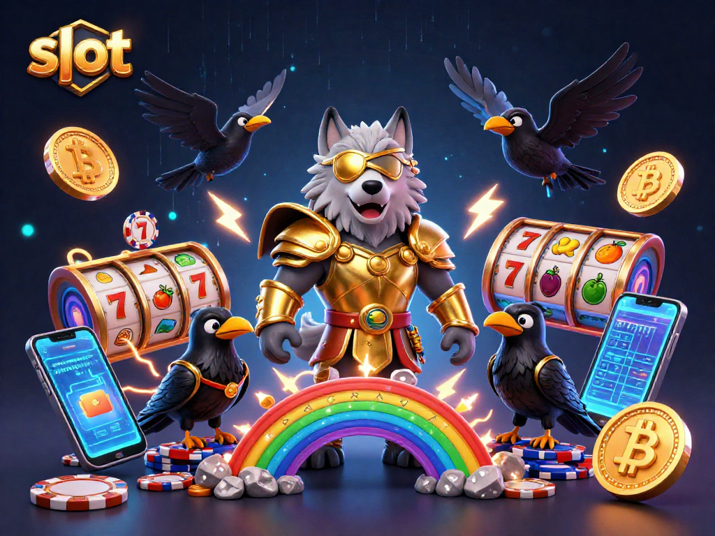 Slot menarik dengan Odin dan dua burung gagak di jembatan kasino chip yang bersinar.