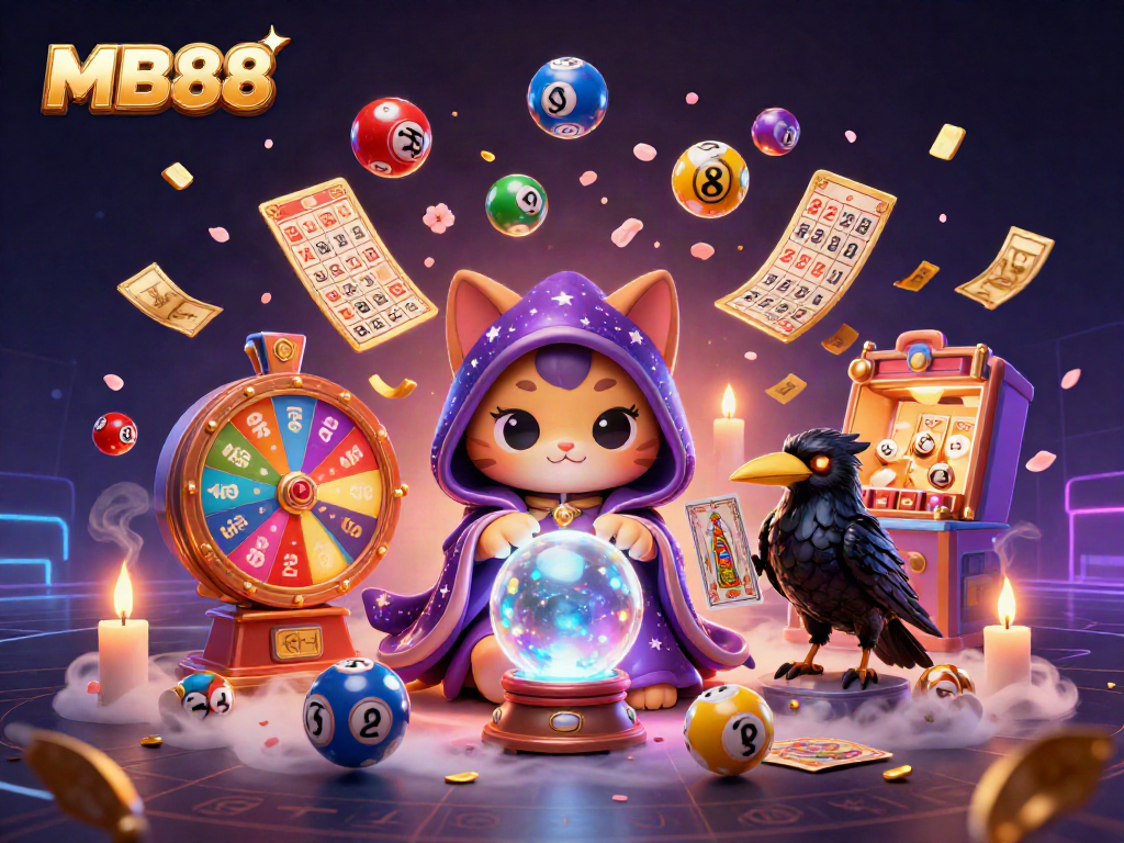 Engage with MB88 as colorful lottery elements burst around a mystical theme featuring a fortune teller cat and raven.