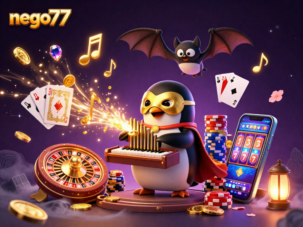 Experience exciting gambling action with nego77 as golden coins shower from a 3D organ in this vibrant casino scene.