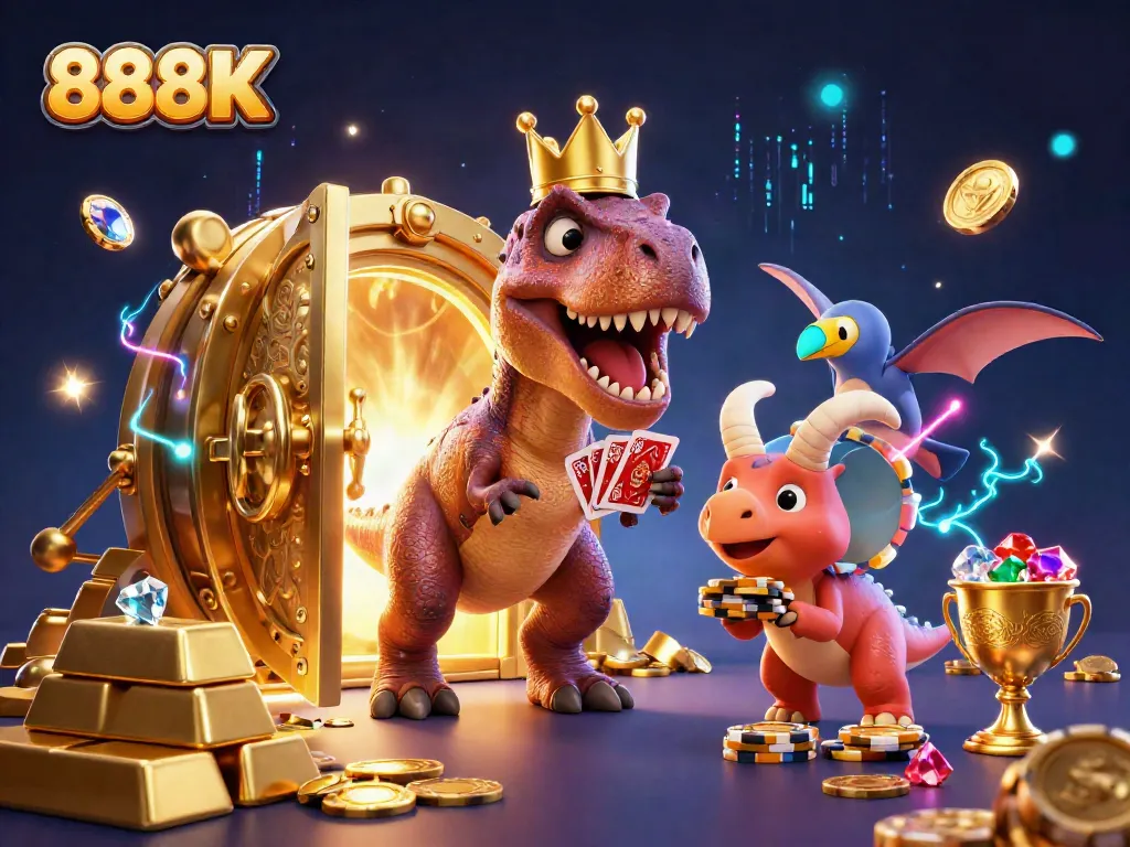 Engage with 888K casino magic featuring a T-Rex dealing cards, surrounded by gold treasures.