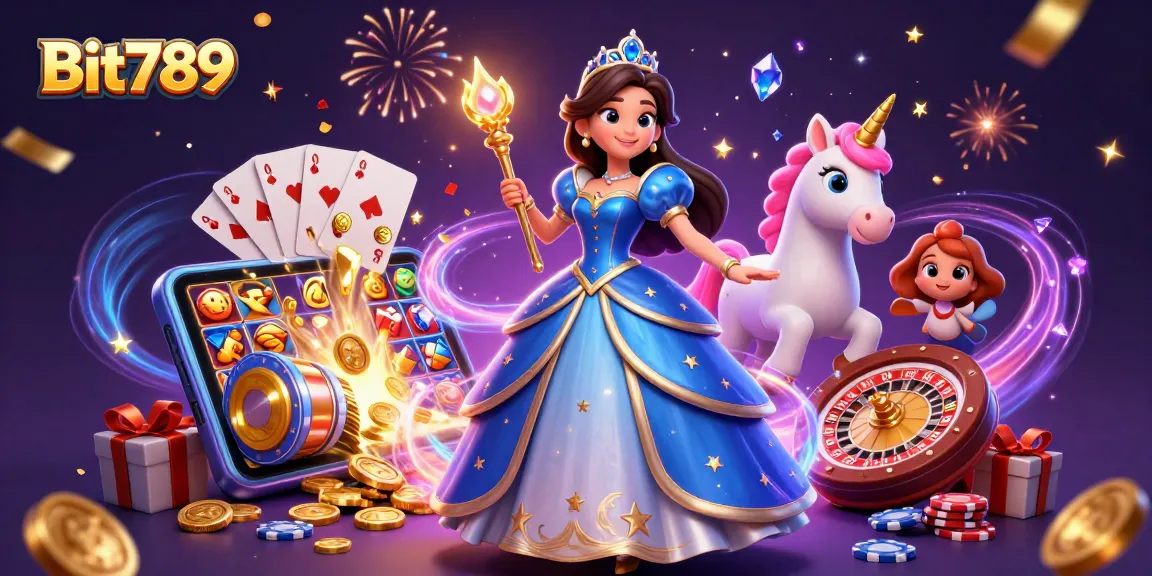 Join the excitement at Bit789 with our captivating casino-themed illustration featuring a glamorous woman and enchanting unicorn.