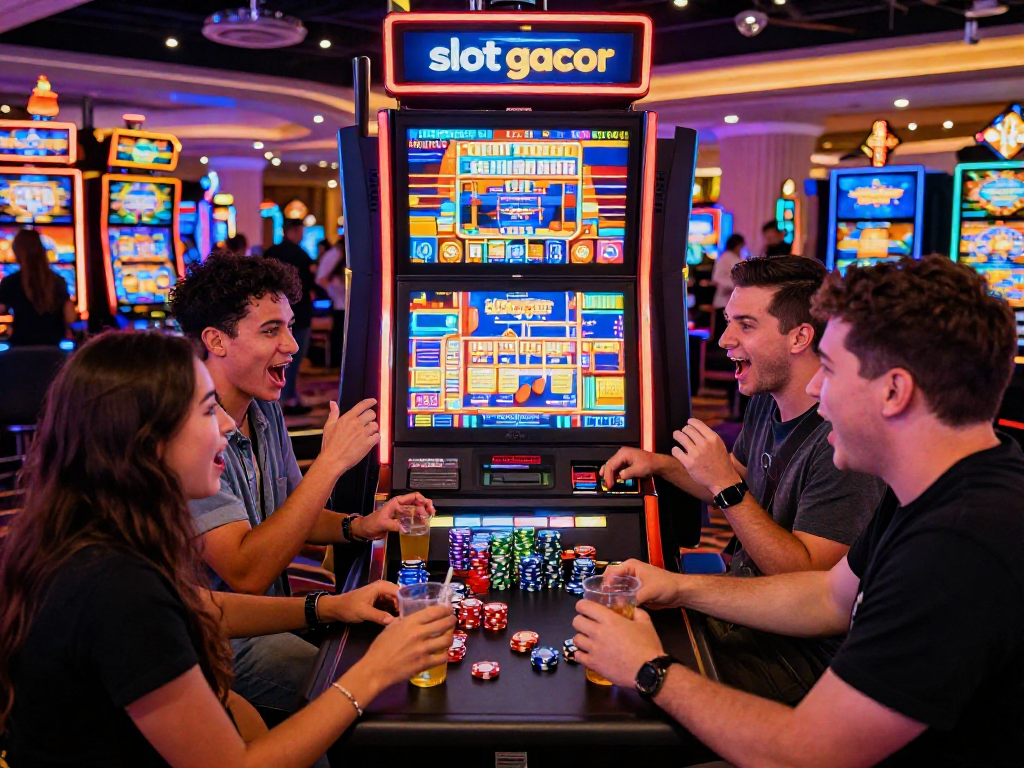 Excited players around a "slot gacor" machine in a vibrant casino atmosphere.