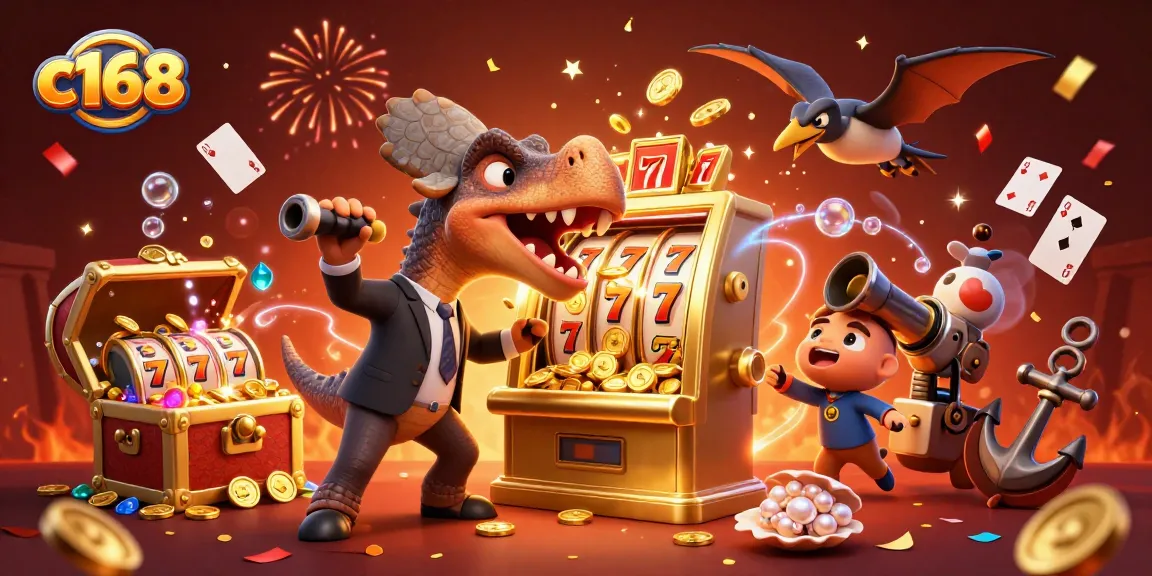 C168 jackpot scene with a cartoon dinosaur, slot machine, and coins flying around in a vibrant casino setting