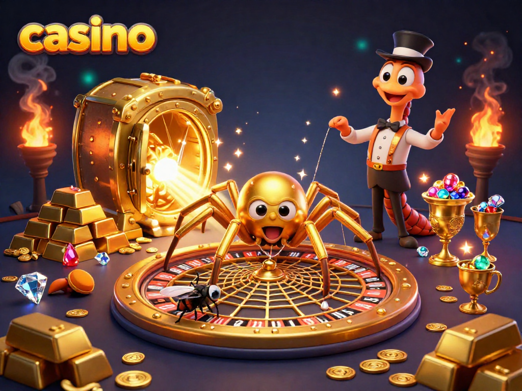 Engage with casino adventures as a golden spider spins a roulette web, creating winning excitement.