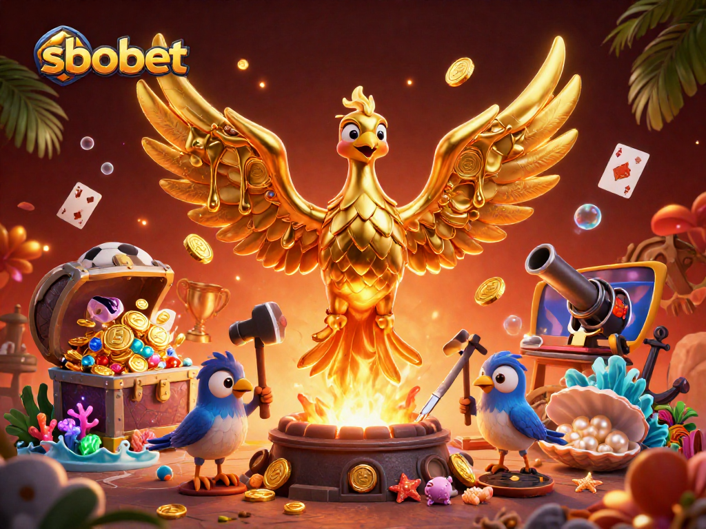 Engage in sbobet sports betting with a dynamic scene featuring a molten phoenix and vibrant gameplay elements.
