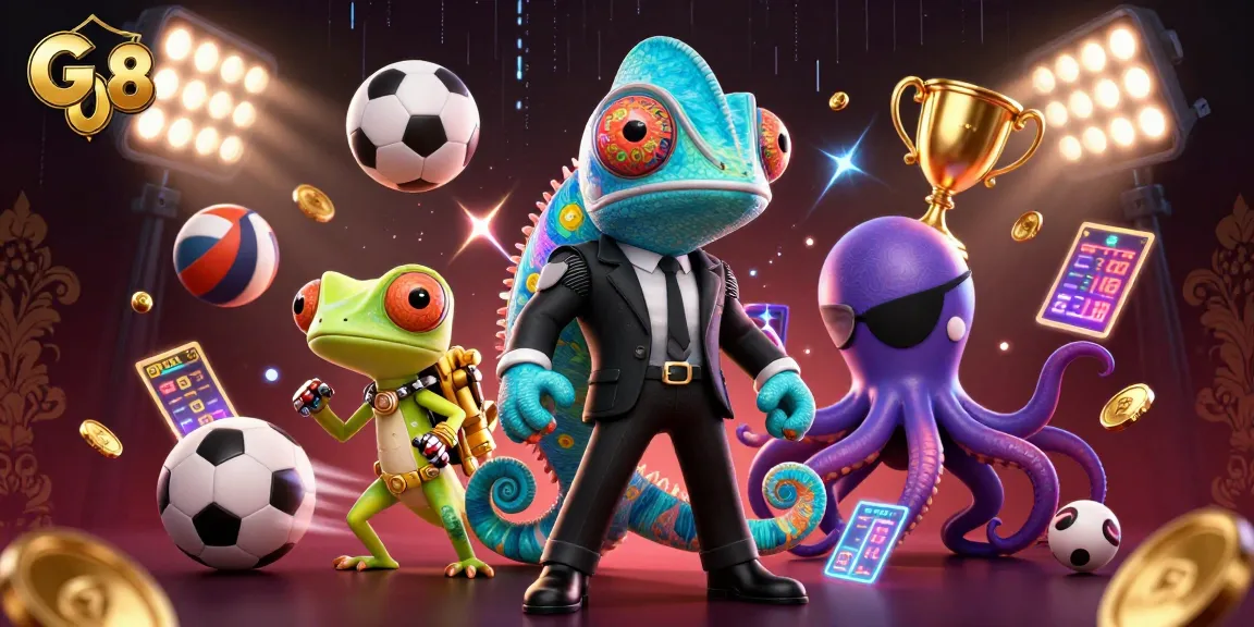 Join the excitement at GO8 with unique casino characters amid lively gaming elements.