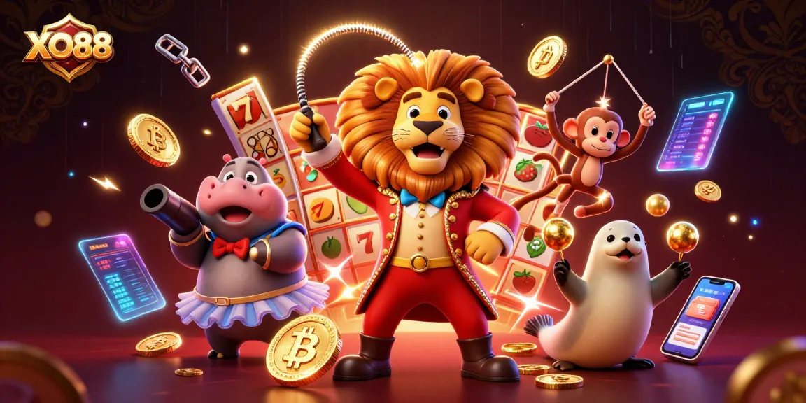 Engaging 3D illustration of casino characters celebrating slots and cryptocurrency at XO88.