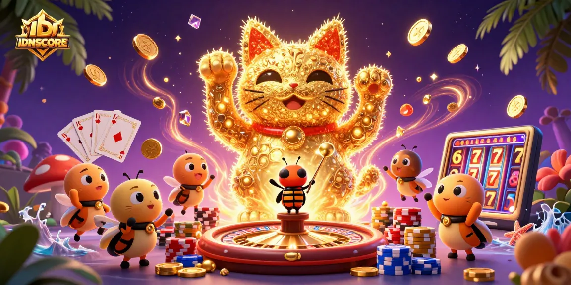 IDNSCORE offers a thrilling gaming experience with tournaments, featuring a giant lucky cat and dynamic casino elements.