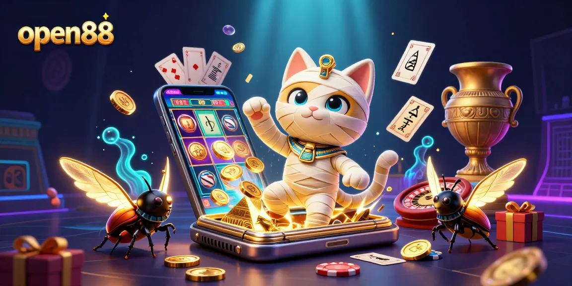 Engage in thrilling gameplay at open88 with our captivating 3D casino illustration showcasing an Egyptian mummy cat and vibrant casino elements.