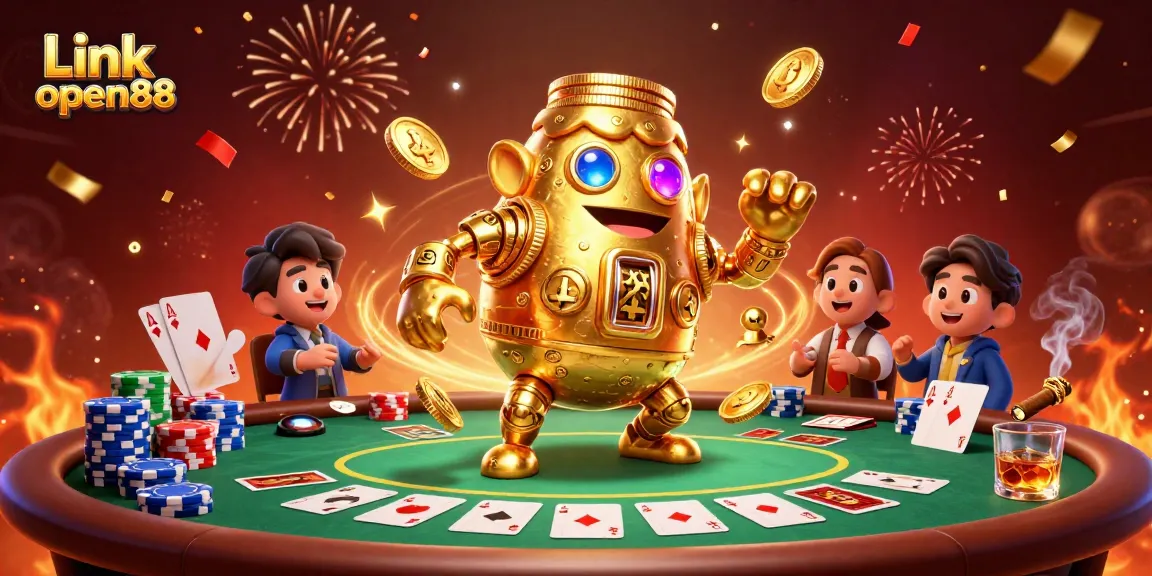 Engage in thrilling gameplay at Link open88 with golden golem amidst colorful poker chips and cards.