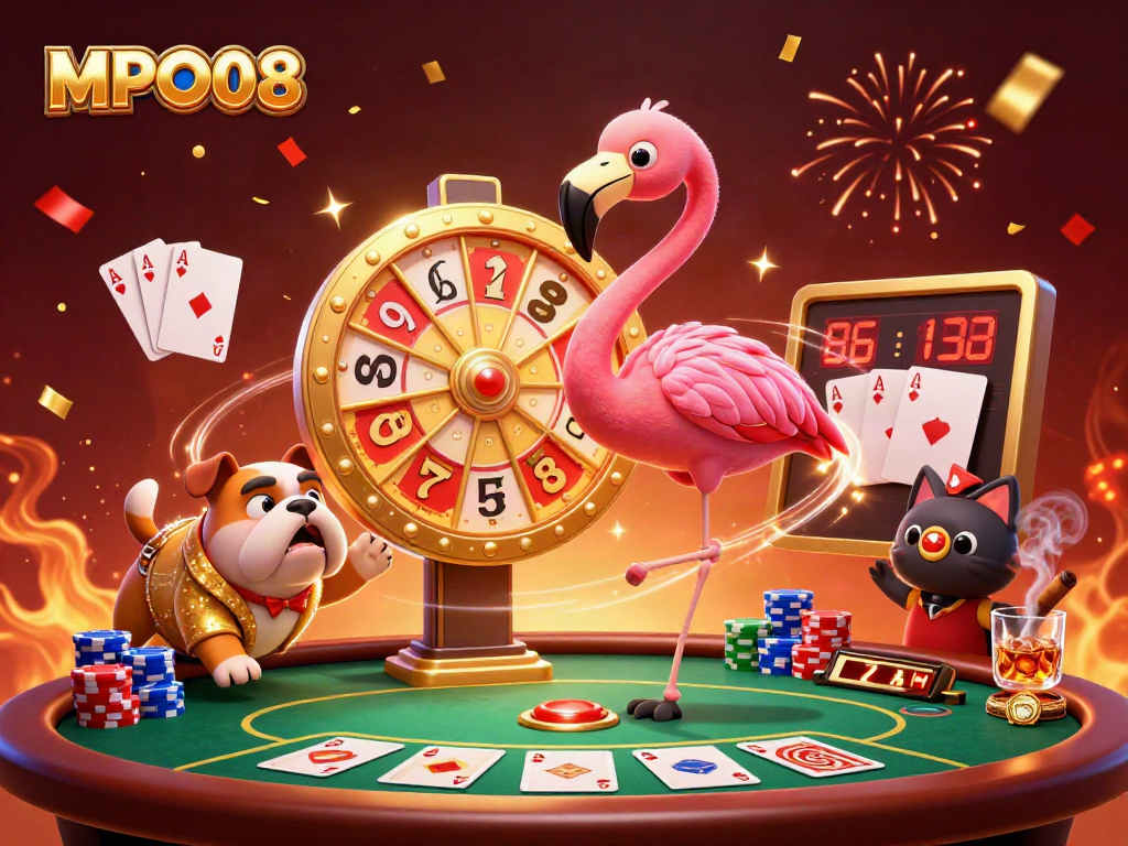 MPO08 gaming excitement with a flamboyant host and animated contestants in a vibrant casino setting