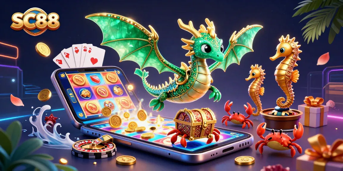 Experience SC88's vibrant digital casino world with a sea dragon amidst dynamic slot game action.