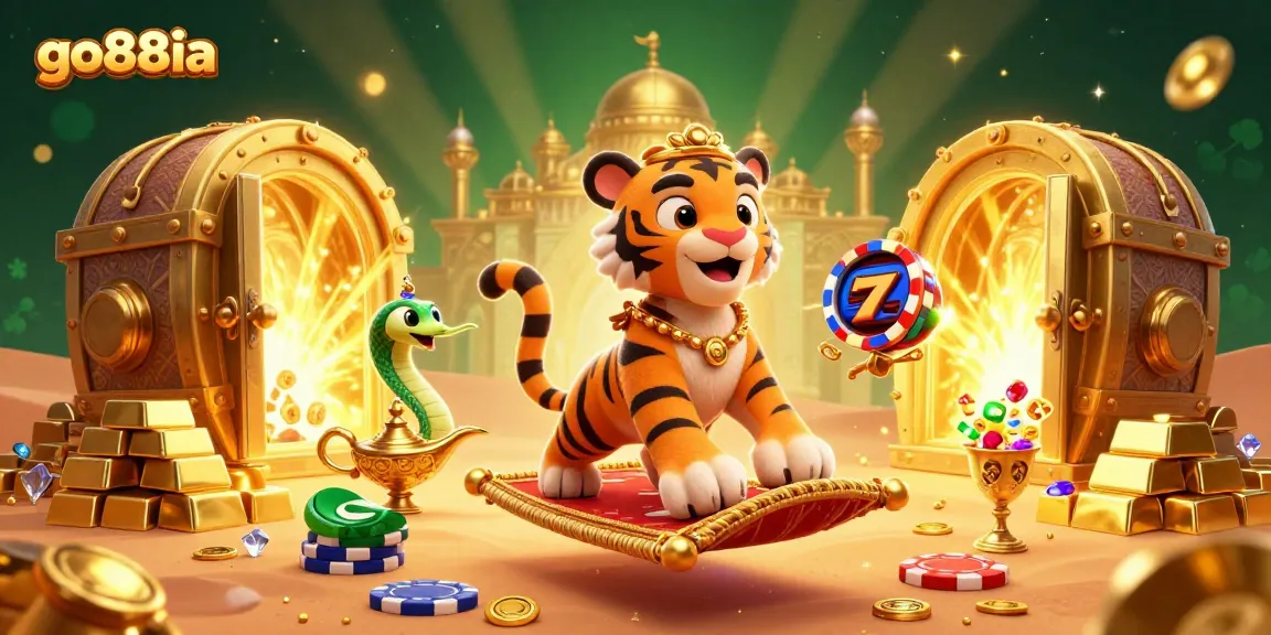 Experience the excitement of go88ia with a colorful Arabian Nights-themed casino illustration full of treasures.