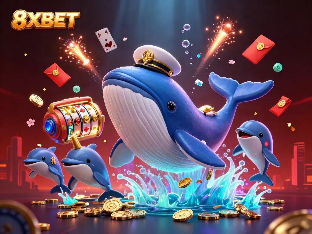 Experience thrilling fun with 8XBET's vibrant 3D illustration featuring a cheerful whale amongst casino excitement.