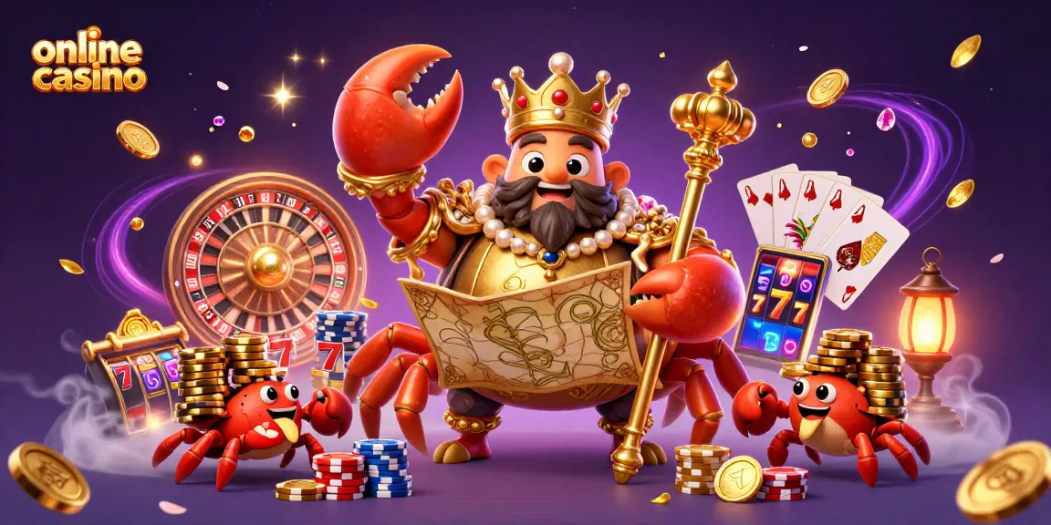 Experience the excitement of online casino gaming with a vibrant scene featuring a golden crab emperor and casino elements.