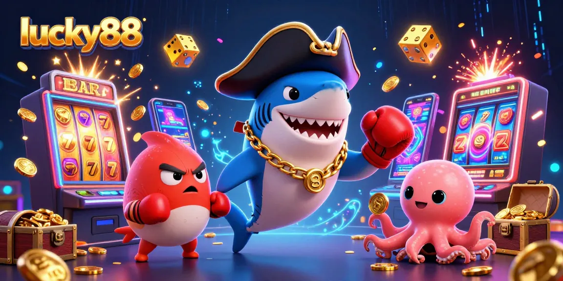 Engage with lucky88 in a vibrant casino scene featuring a shark, pufferfish, and octopus amidst jackpot symbols and treasures.