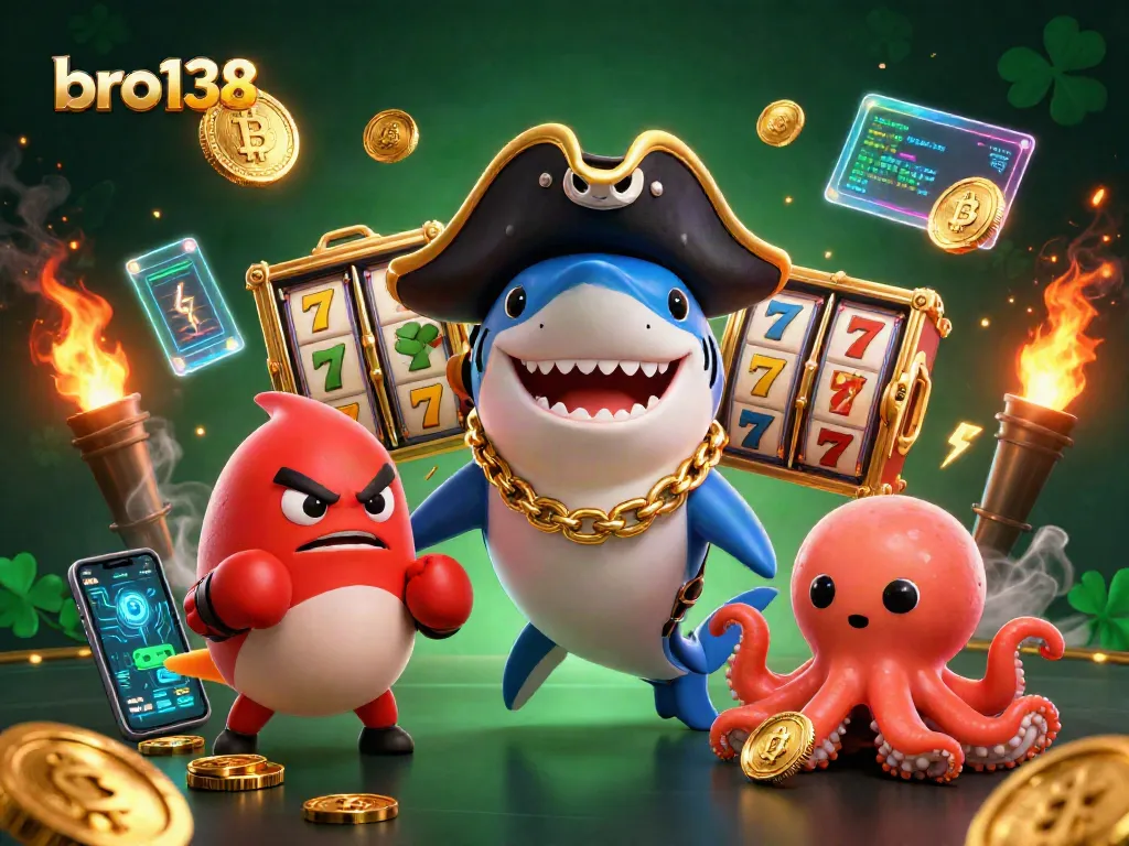 Experience the thrill of bro138 with exciting slot reels and golden treasures in a vibrant 3D casino scene.