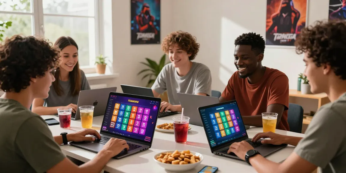 Tiranga Game online gaming scene with diverse friends enjoying colour prediction and lottery games on laptops and smartphones, showcasing vibrant interface.