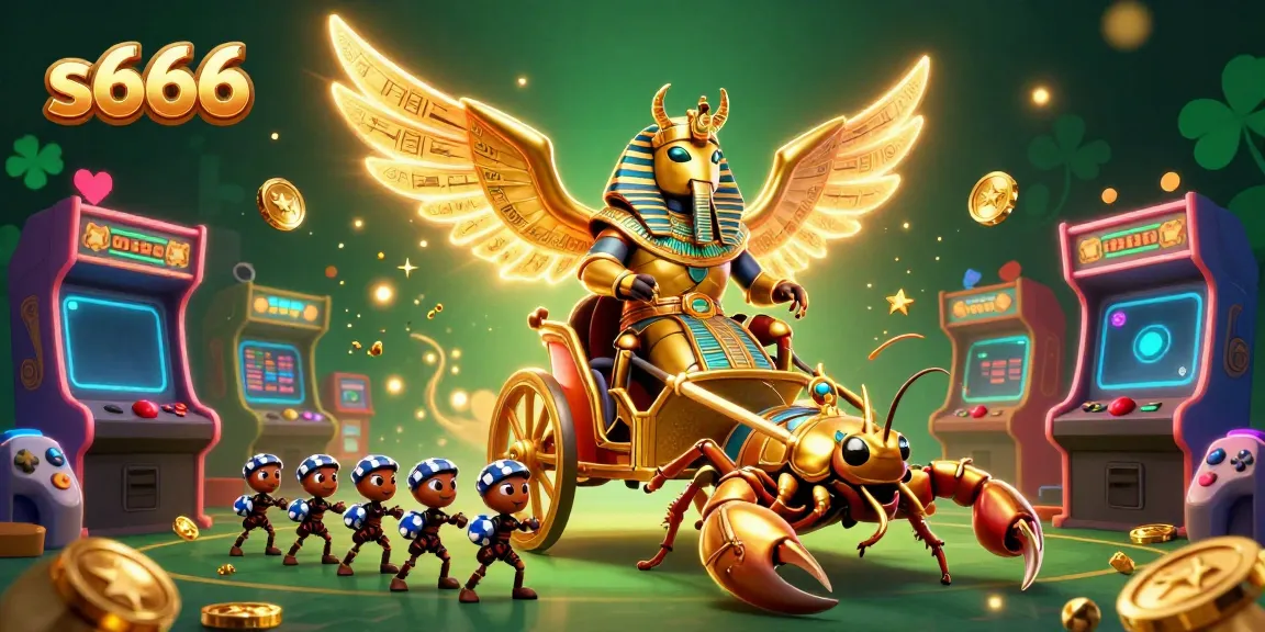 Engage in thrilling gameplay with s666 featuring golden scarab beetle and scorpion chariot amidst vibrant arcade and casino elements.