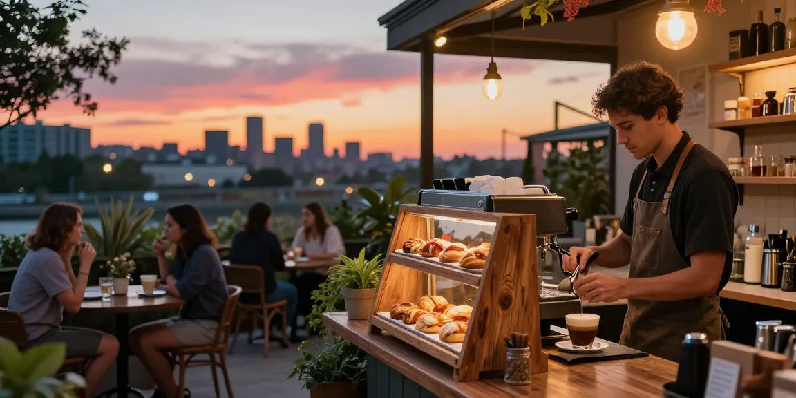 Barista di https://miami4d.com/ menyajikan kopi spesial di kafe outdoor saat senja.