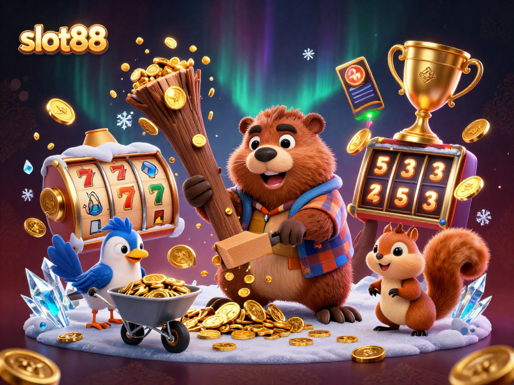 Experience the thrill of slot88 with golden coins raining from a beaver's tree chop.
