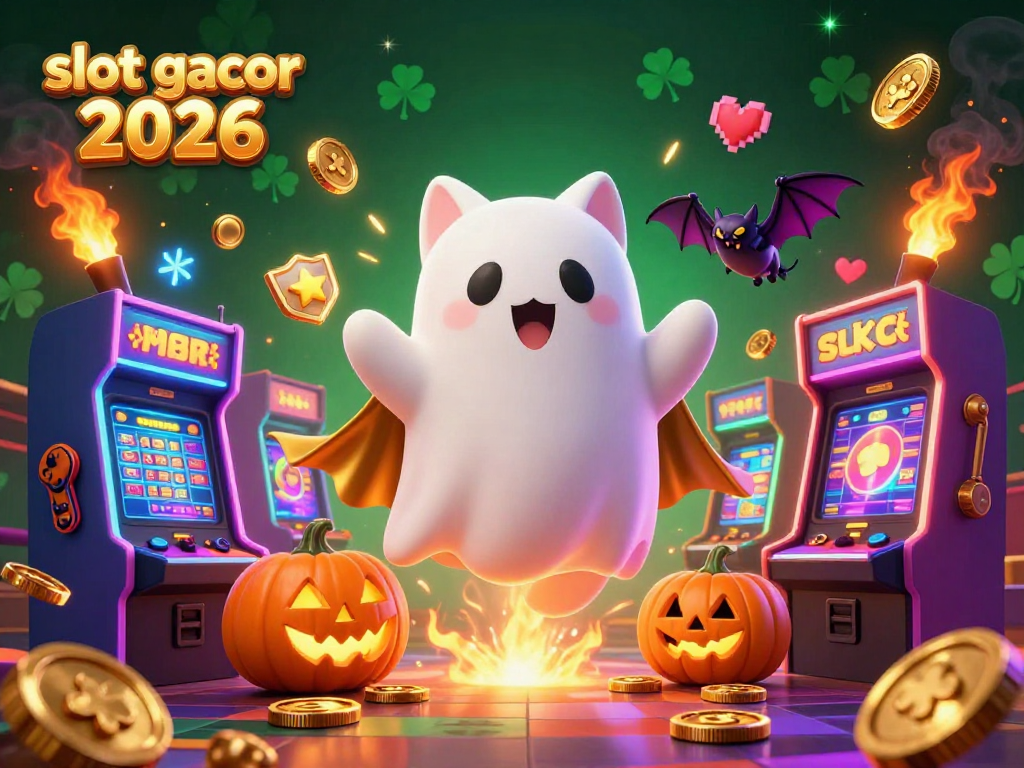 Experience the thrill of slot gacor 2026 with a ghost cat and vampire bat in a lively casino environment.