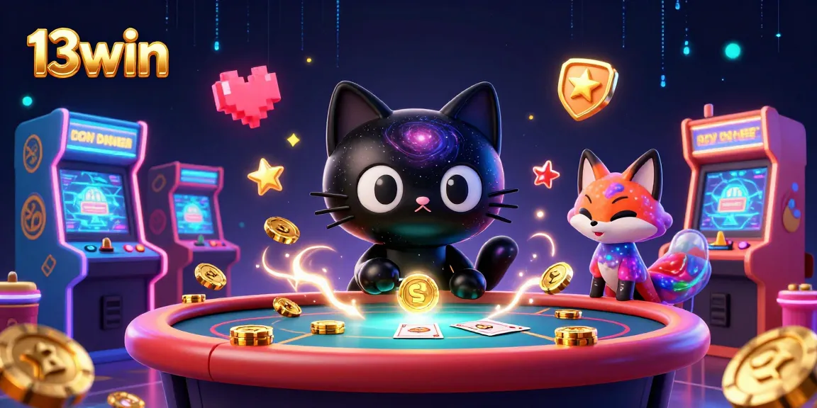 13win cosmic casino illustration featuring a black hole cat and nebula fox catching golden chips.