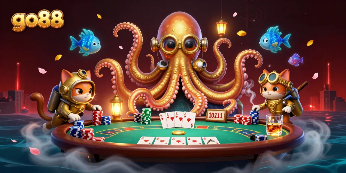 Engage in thrilling bets at go88 with a vibrant casino scene featuring a kraken and poker elements.