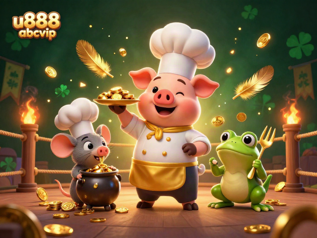 Explore the thrilling u888 abcvip casino scene featuring golden coins, a chef pig, a tasting mouse, and a frog critic.