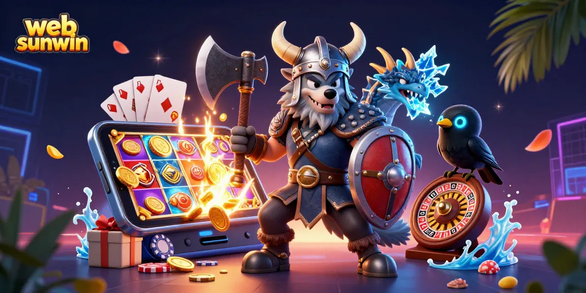 Engage in thrilling slots with web sunwin illustrated by a Viking wolf warrior and dragon.