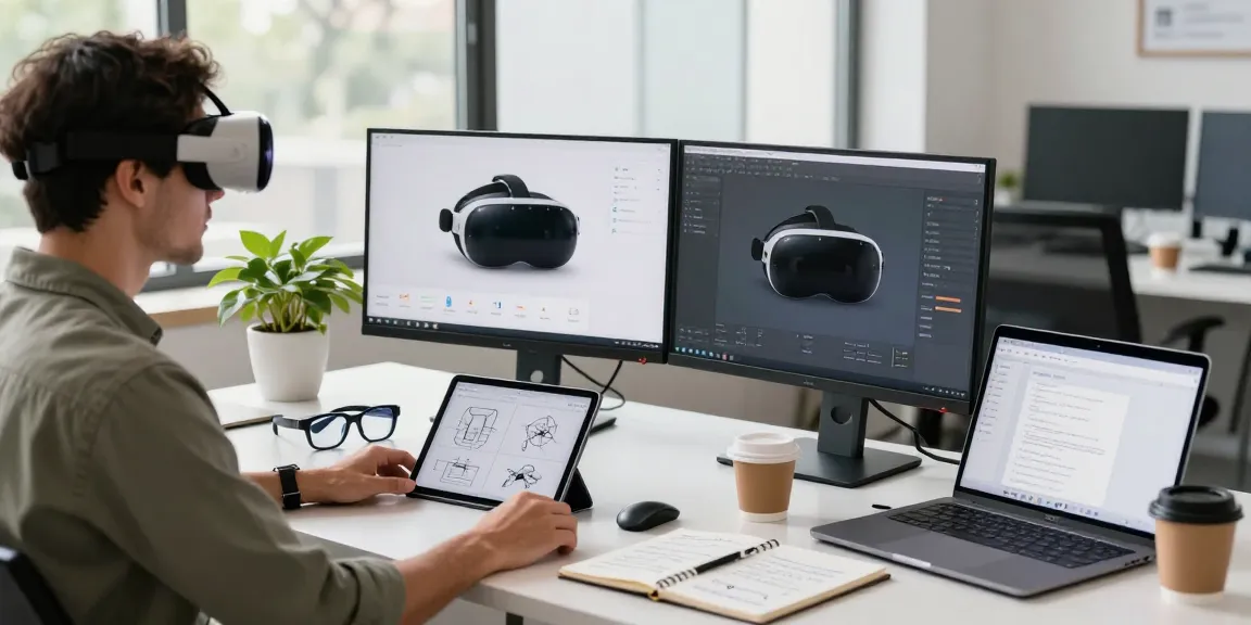 Developer using AR glasses in a modern tech workspace with dual monitors and a bright atmosphere.