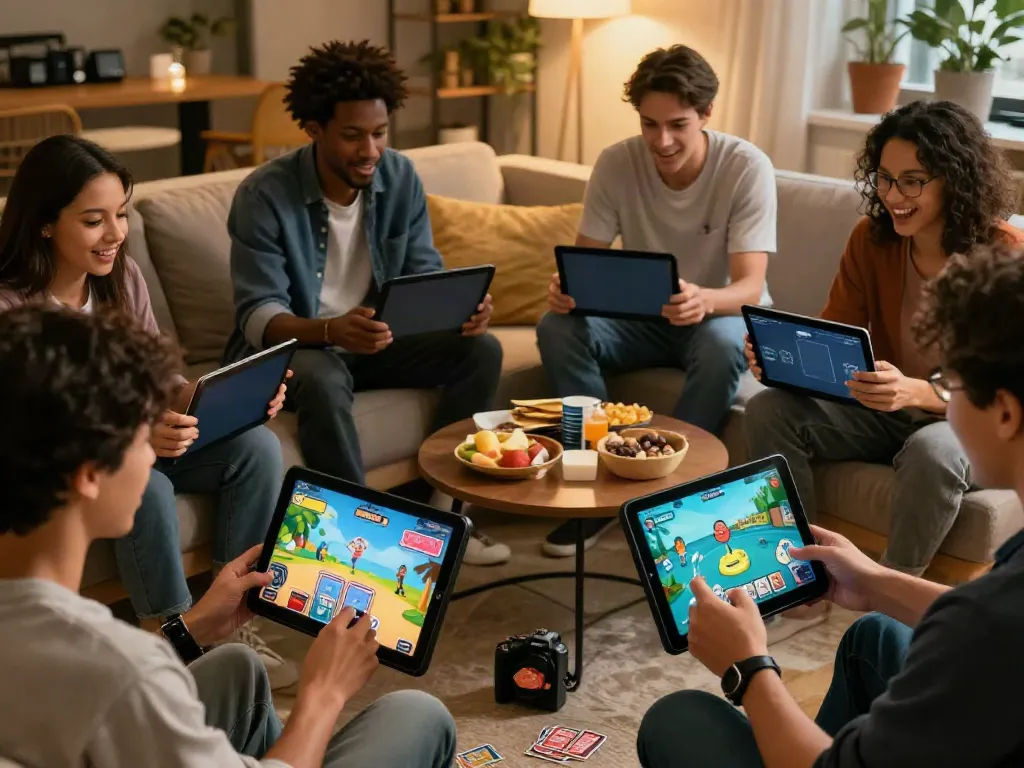 Engaged players enjoying yono games on their smartphones in a cozy lounge.