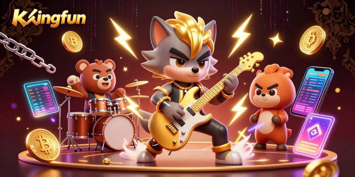 Experience excitement at kingfun with a cartoon rock star and drummer bear amidst crypto coins on a vibrant casino stage.