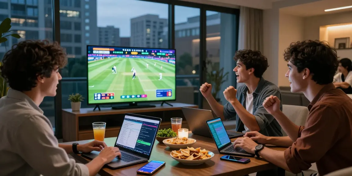 Friends enjoying Velki Live sports betting experience with active cricket match and laptops.