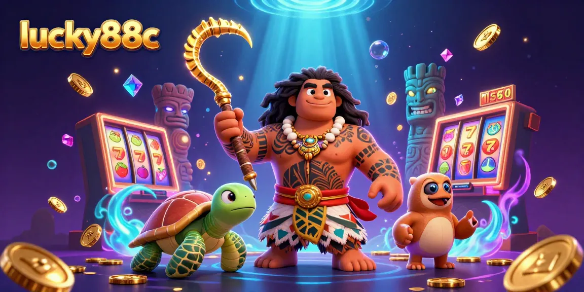 Spin the reels with lucky88c, featuring vibrant Polynesian characters and dazzling casino elements.