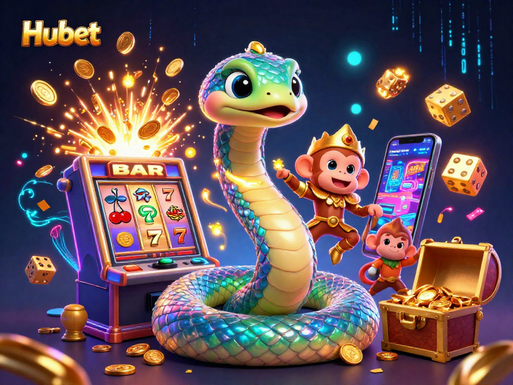 Experience the vibrant world of Hubet with a rainbow serpent and winning slot machine in this captivating illustration.
