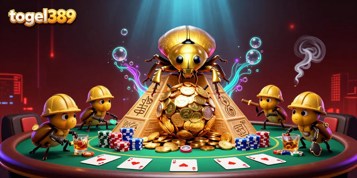 Togel389 showcases a vibrant 3D illustration featuring a golden dung beetle rolling coins among poker elements, perfect for online gaming.