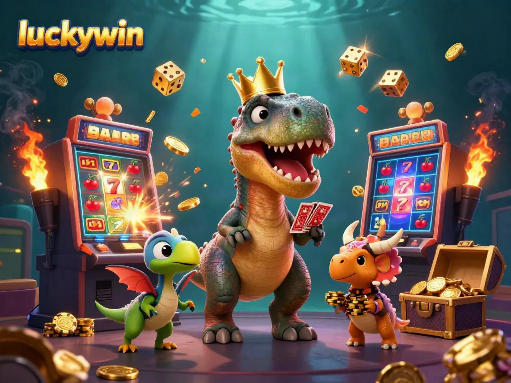 Engage with Luckywin's vibrant 3D illustration featuring a T-Rex and friends amidst dynamic casino elements.