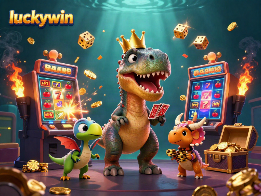 Engage with Luckywin's vibrant 3D illustration featuring a T-Rex and friends amidst dynamic casino elements.