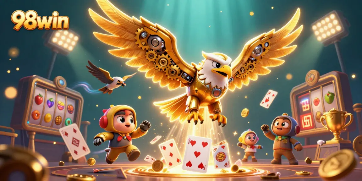 Engage with exciting 98win slot reels and golden eagle characters in a dynamic gaming scene.