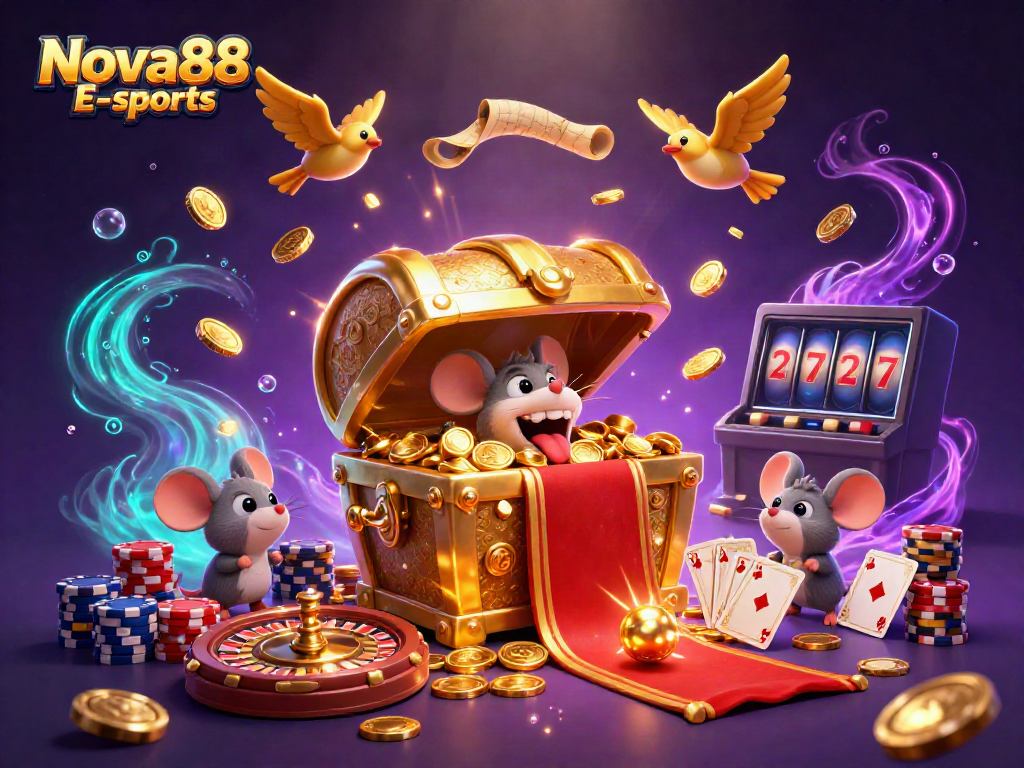 Bet on Nova88 E-sports with vibrant casino atmosphere, showcasing dynamic characters and game elements.