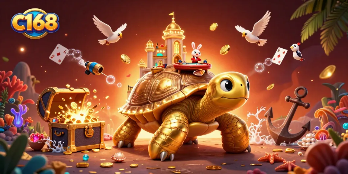 Play exciting casino games with c168's vibrant 3D casino illustration featuring a tortoise and dealer.