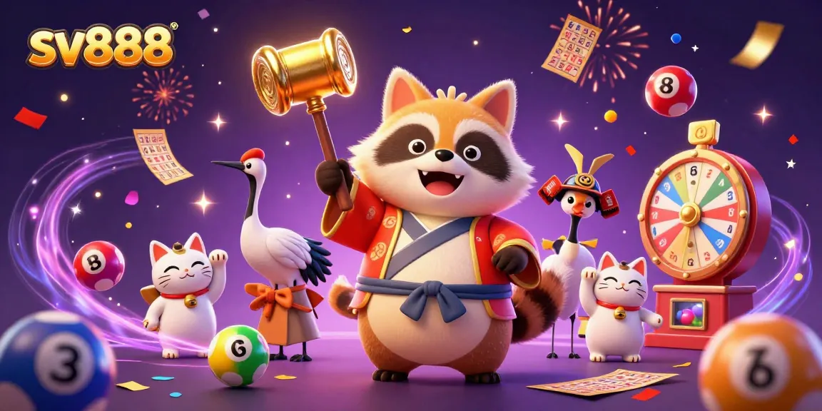 Experience excitement with sv888's vibrant 3D illustration revealing lottery elements and joyful characters.
