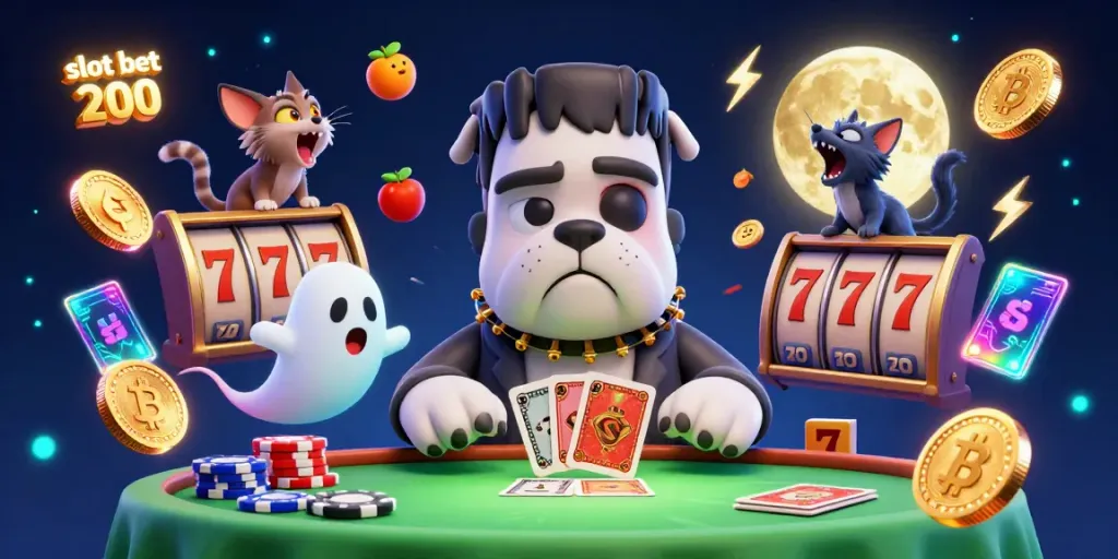Play slot bet 200 with lively characters at a colorful casino table.