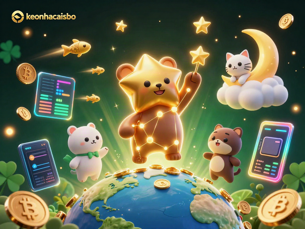 Engage with keonhacaisbo as a constellation bear scoops coins amidst crypto elements.