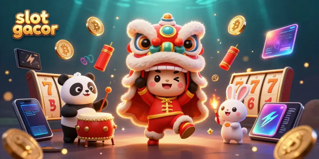 Experience the excitement of slot gacor with a colorful lion dance and jackpot elements.