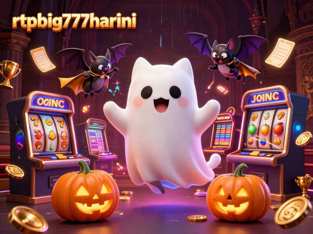 Experience rtpbig777hariini with a whimsical ghost cat in a vibrant haunted casino scene.