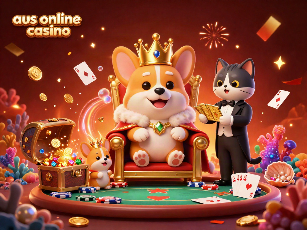 Engaging scene featuring "aus online casino" theme with a royal corgi and vibrant casino elements.