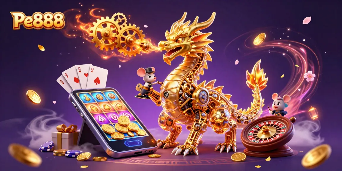 Experience Pe888 with a golden dragon amid vibrant casino elements and rich visuals.
